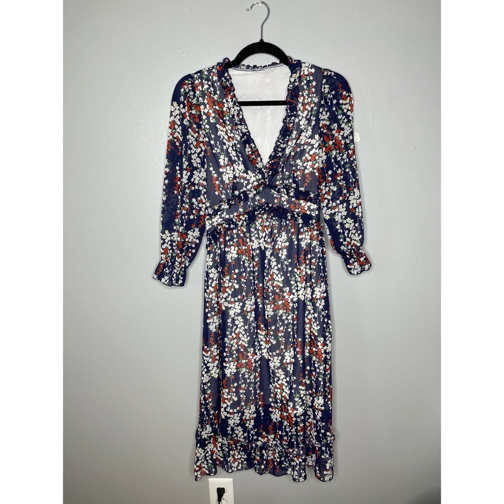 Welity Puff Sleeve V-Neck Ruffle Layer Swing Midi Dress for Women, Navy Blue | S